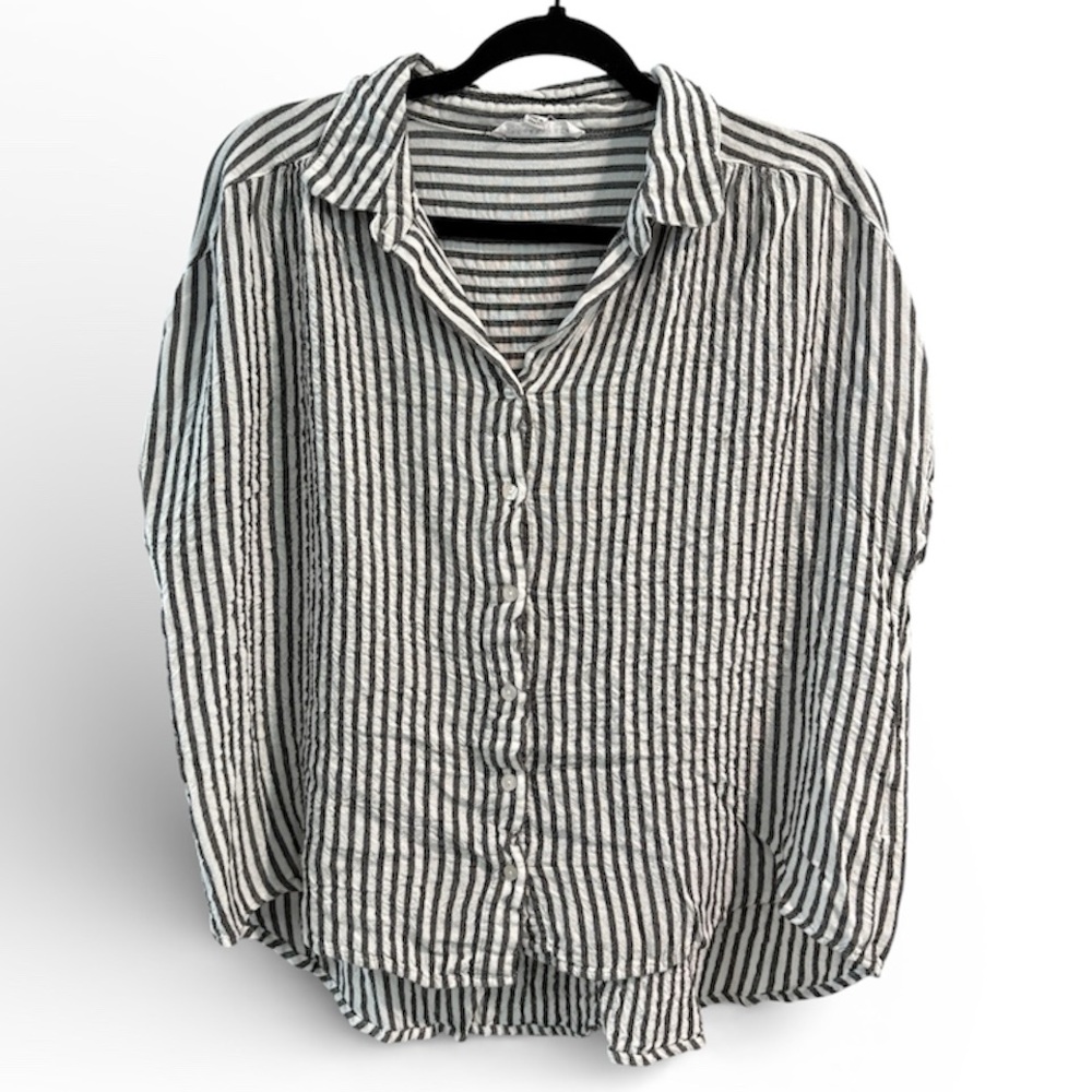 Jane + Delancey Striped Button Down Shirt Black White Crinkle Rayon Large